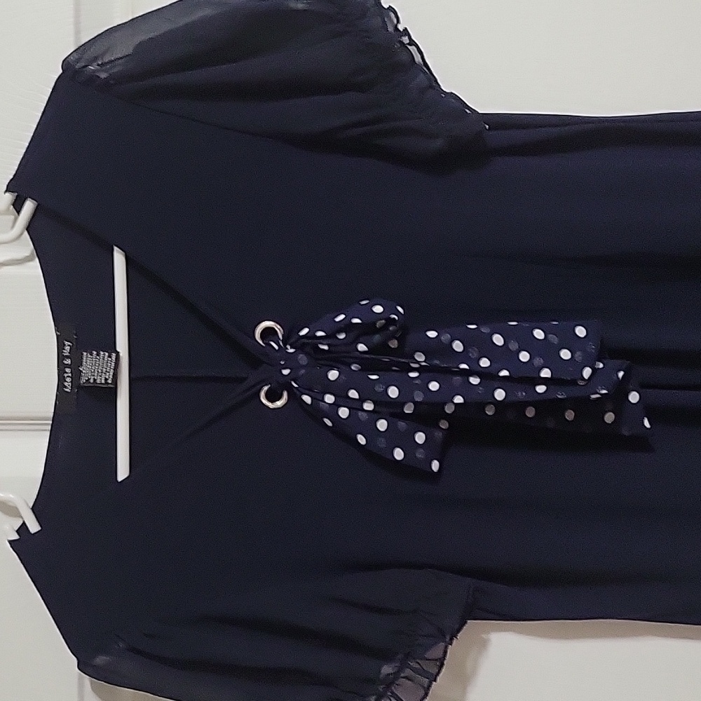 Adele & May Navy Polka Dot Bow Blouse V-Neck Sheer Ruffle Sleeve Size Large - Picture 3 of 9